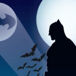 Batman in the night with the bat signal in the sky