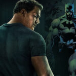 Alan Ritchson to left, Batman comic book photo to right